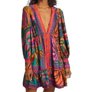 NWT! Farm Rio (XS) Foliage Printed Long-sleeve Mini Dress: Balloon Sleeve/Plunge